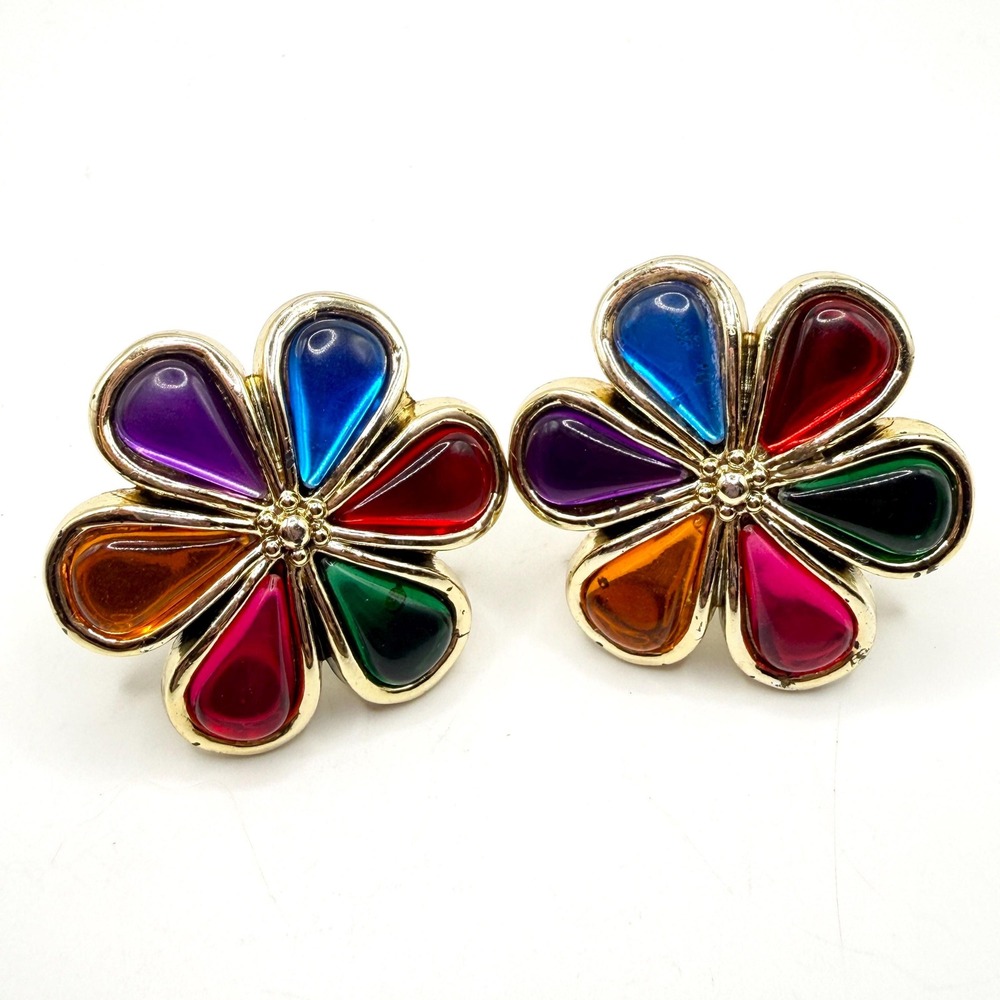 Vintage 80s 90s 1.5" Rainbow Lucite Flower Floral Clip-On Statement Earrings